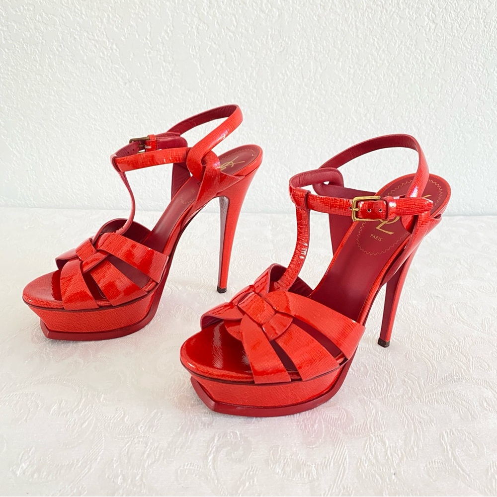 Saint Laurent coral red Tribute Patent Leather Platform Sandals - Picture 7 of 9